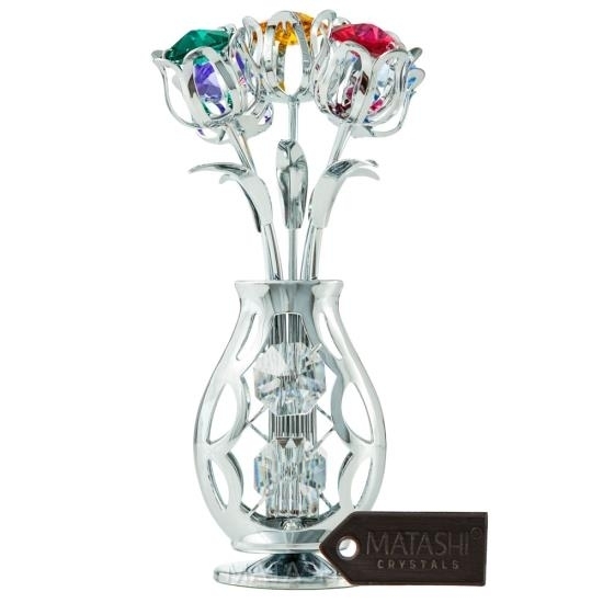 Matashi Chrome Plated Flowers Bouquet And Vase W/ Colorful Crystals , Table Top Decorations