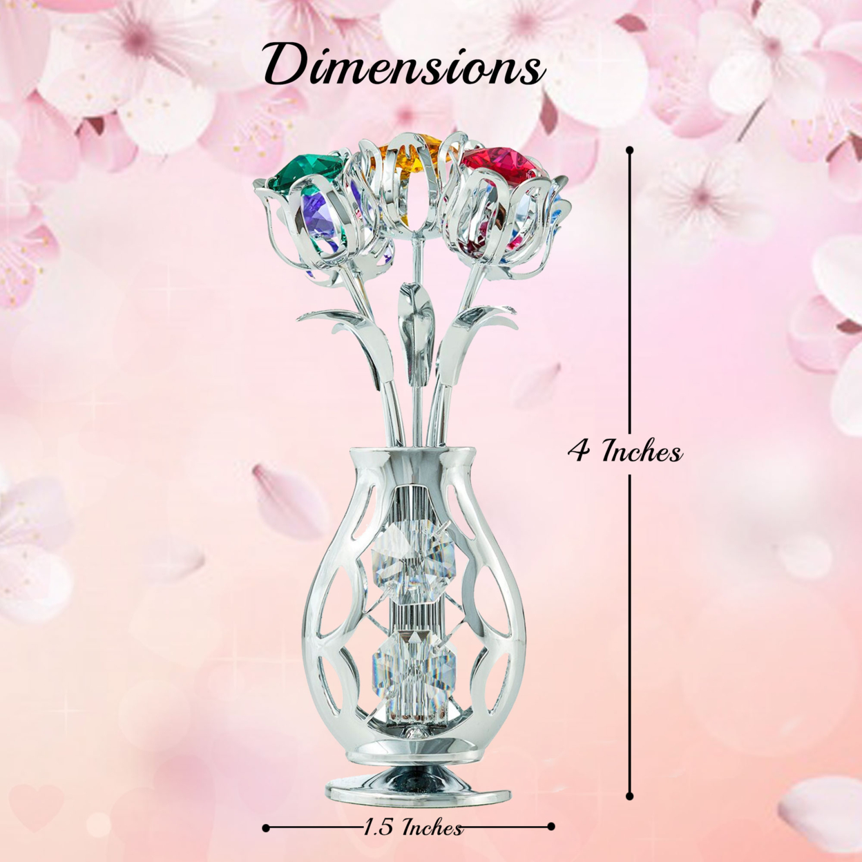 Matashi Chrome Plated Flowers Bouquet And Vase W/ Colorful Crystals , Table Top Decorations