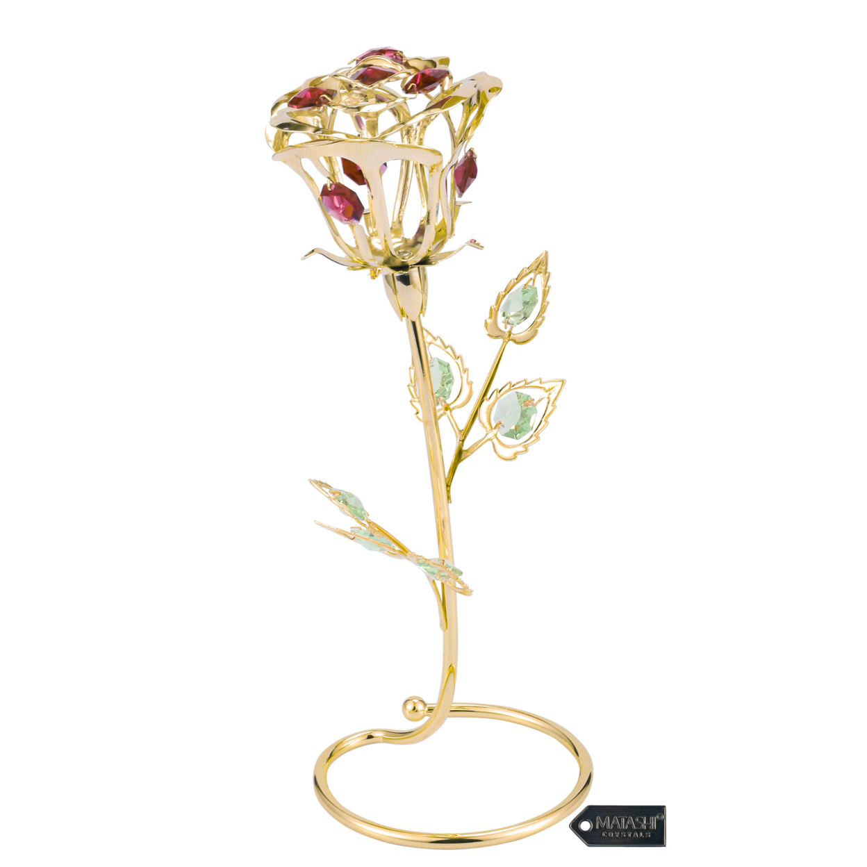 Matashi 24K Gold Plated Rose Flower Tabletop Ornament W/ Red Pink & Green Crystals Metal Floral Arrangement