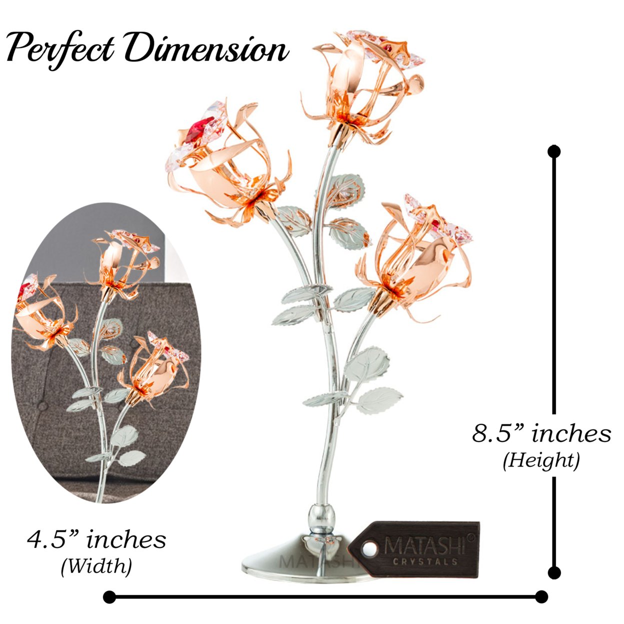 Matashi Rose Gold And Chrome Plated Rose Flower Tabletop Ornament W/ Red & Pink Crystals, Metal Floral Arrangement