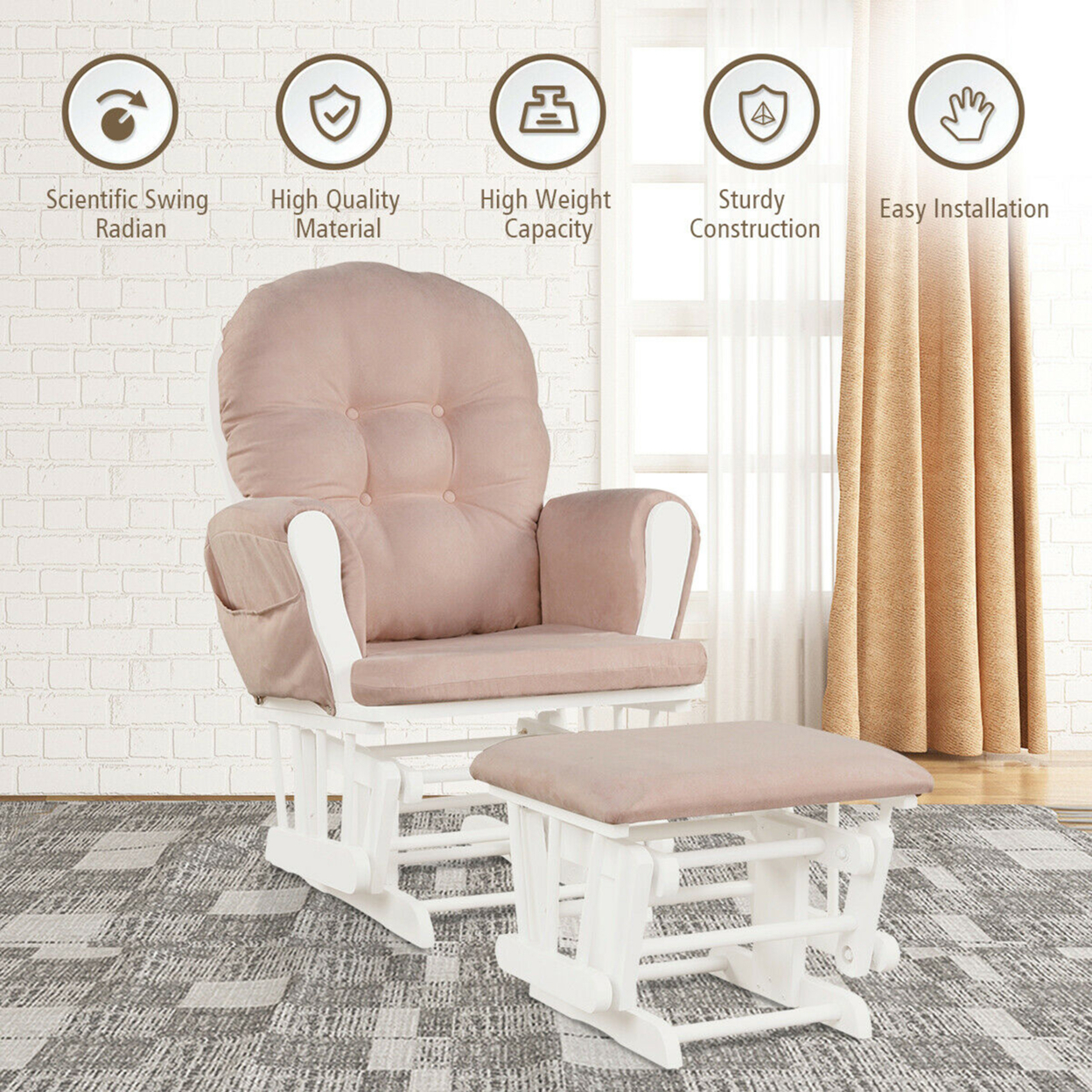 Baby Nursery Relax Rocker Rocking Chair Glider & Ottoman Set W/ Cushion - Beige