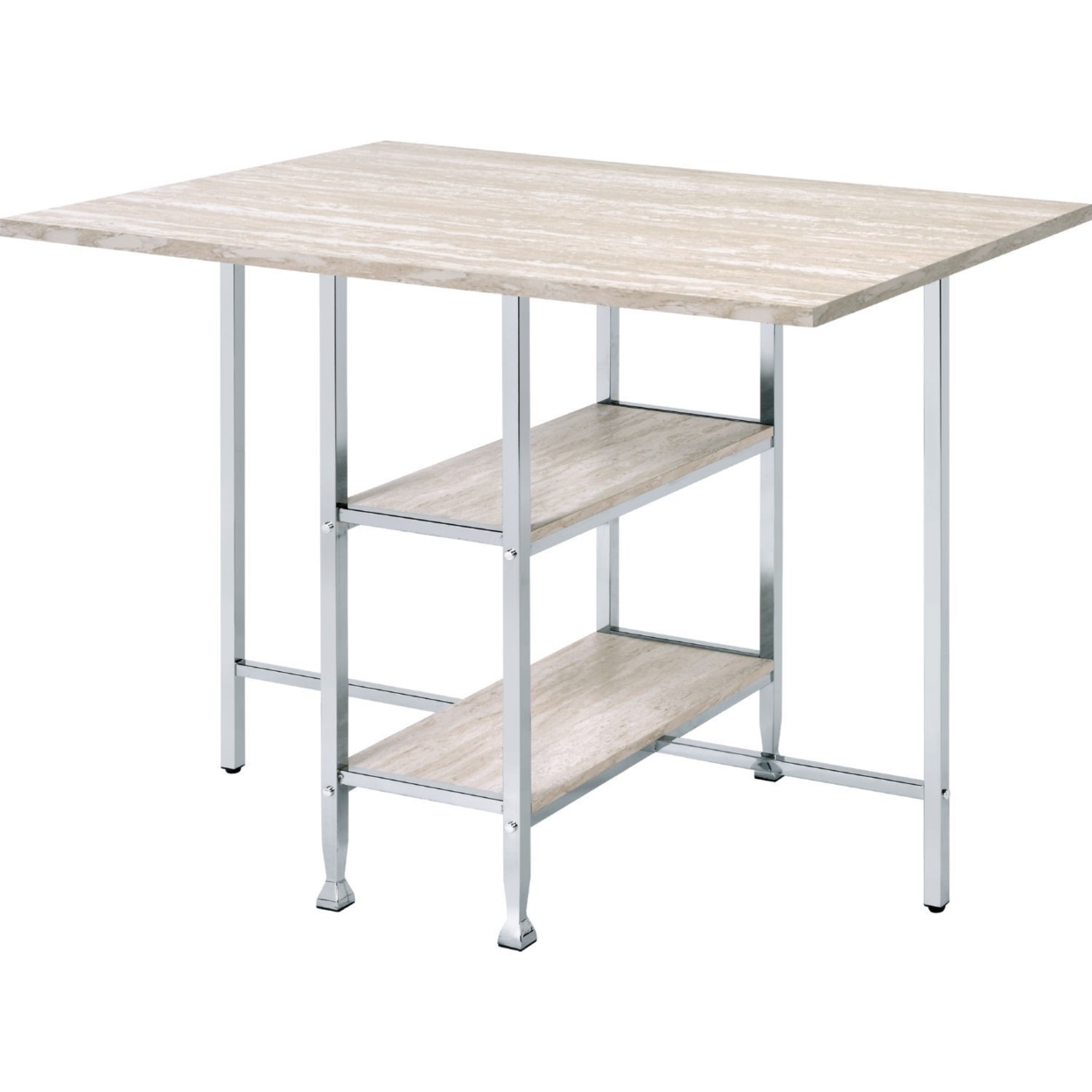Counter Height Table With 2 Shelves, Antique White And Chrome- Saltoro Sherpi
