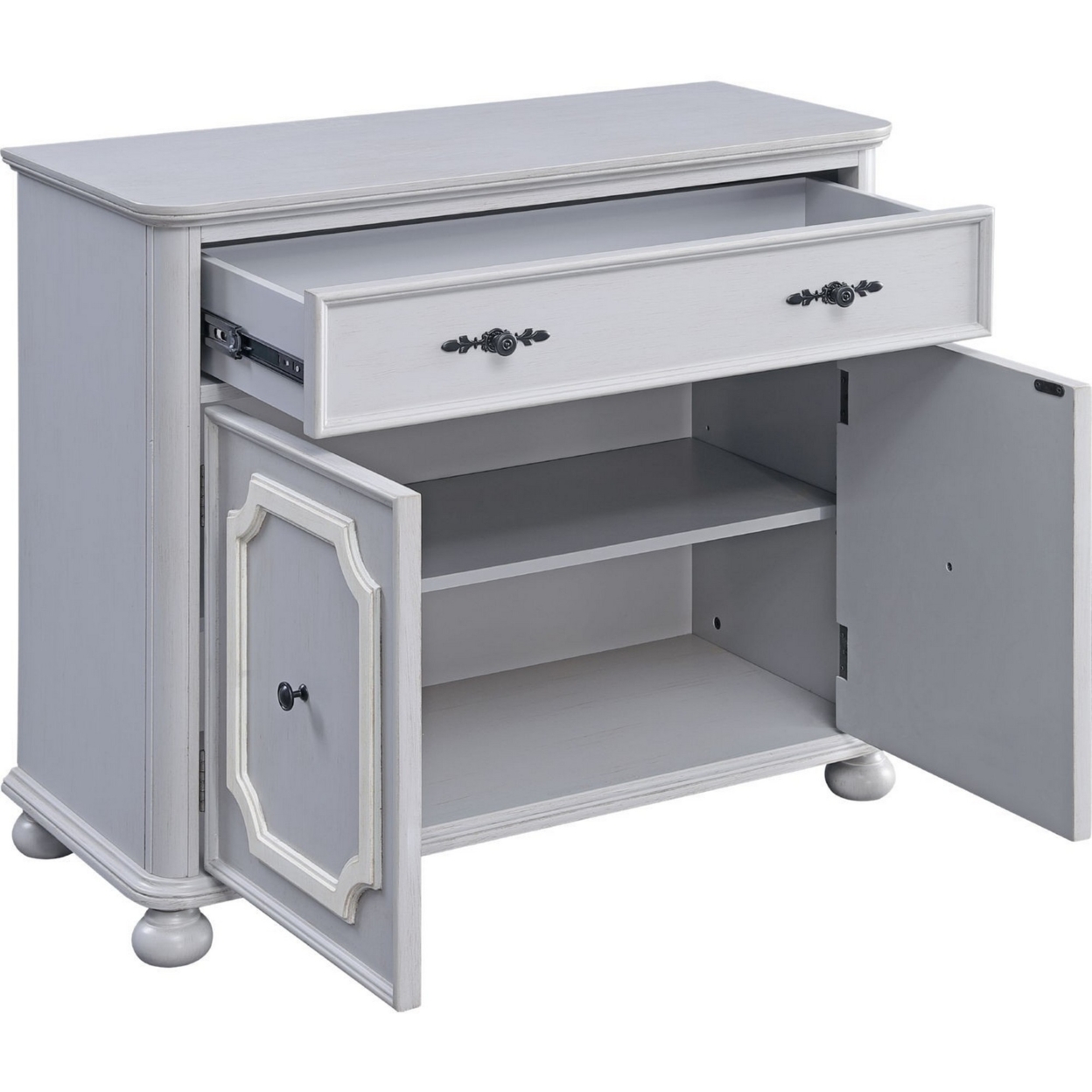 MDF Cabinet With Double Door Storage And Bun Feet, White- Saltoro Sherpi