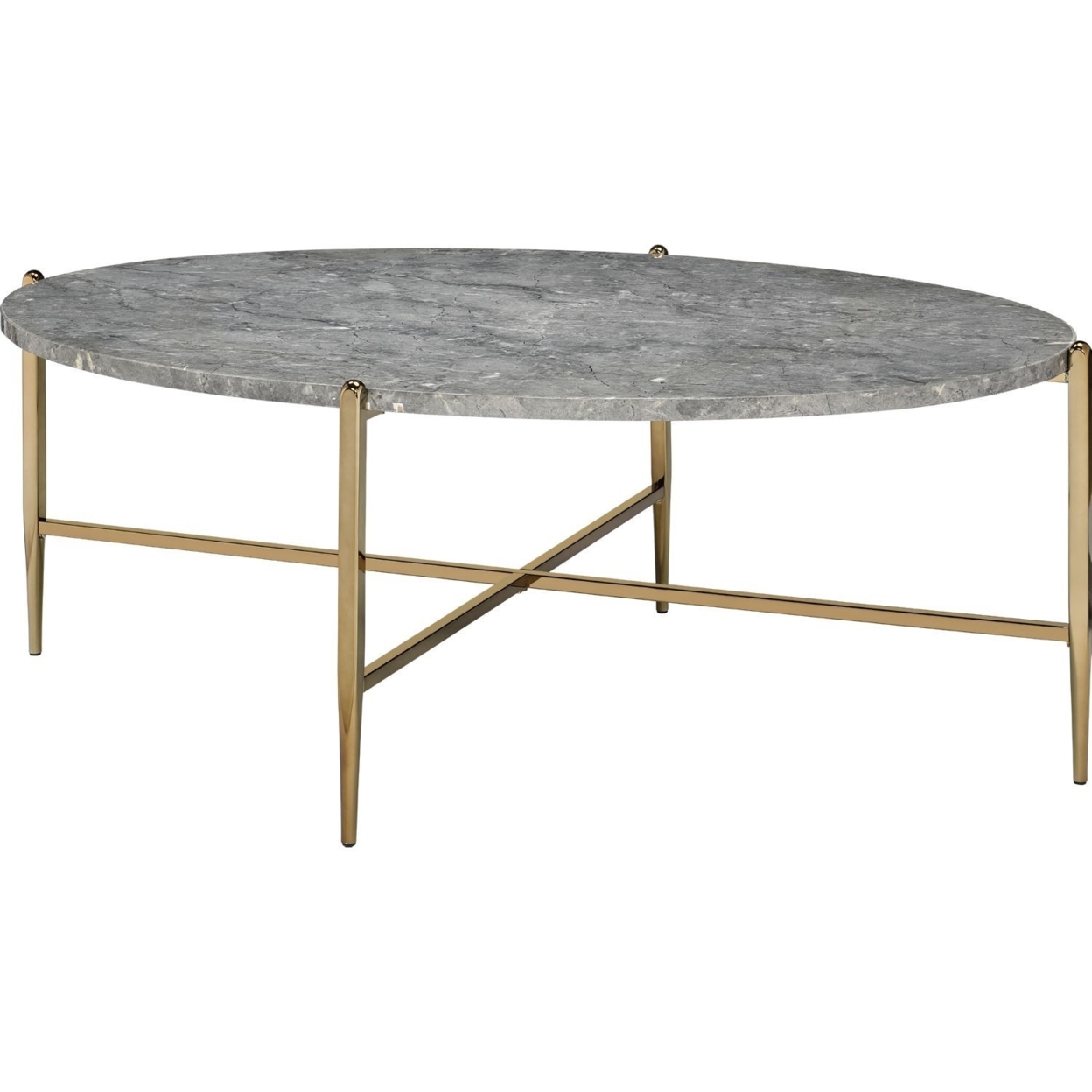 Coffee Table With Oval Marble Top And X Shaped Support, Gray And Gold- Saltoro Sherpi