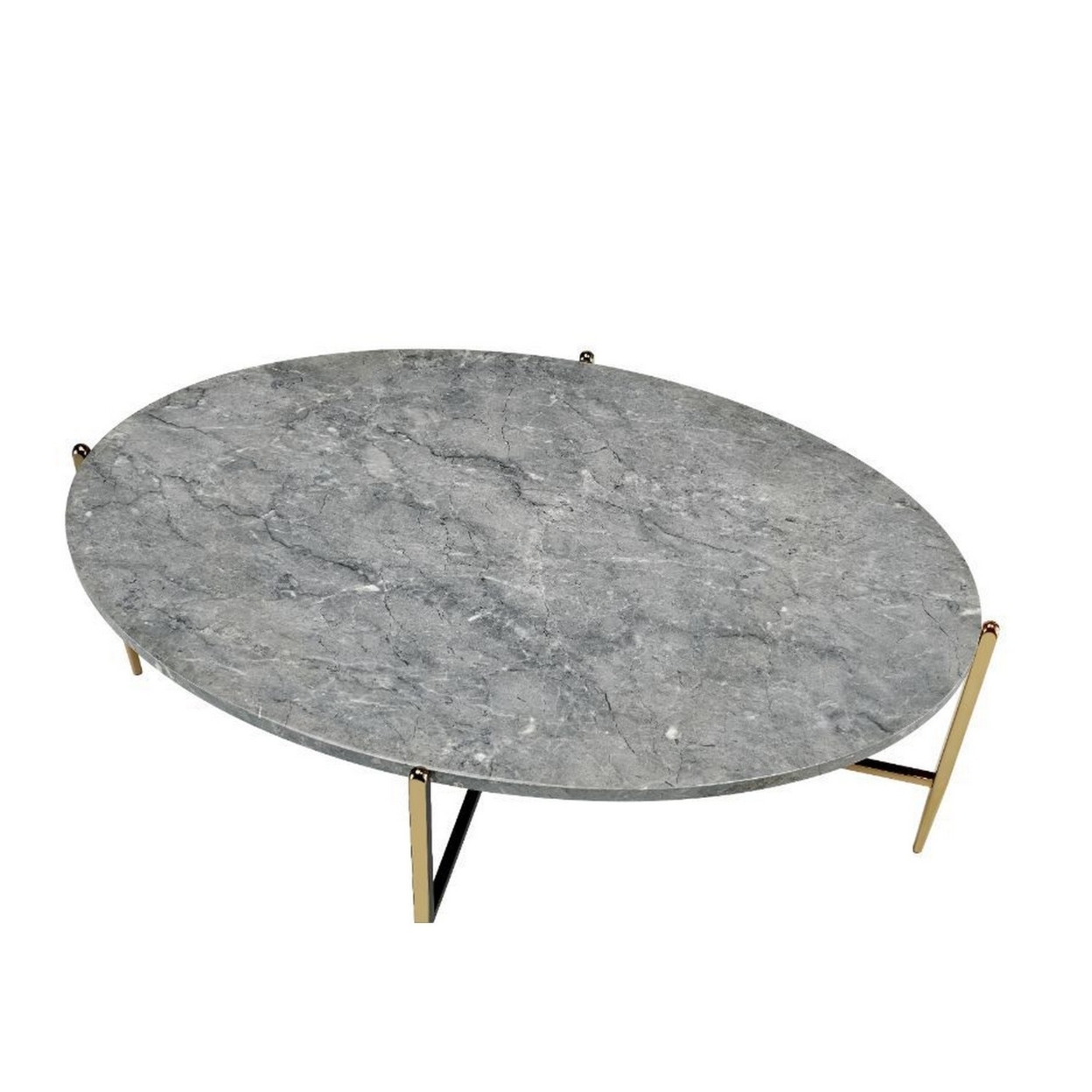 Coffee Table With Oval Marble Top And X Shaped Support, Gray And Gold- Saltoro Sherpi