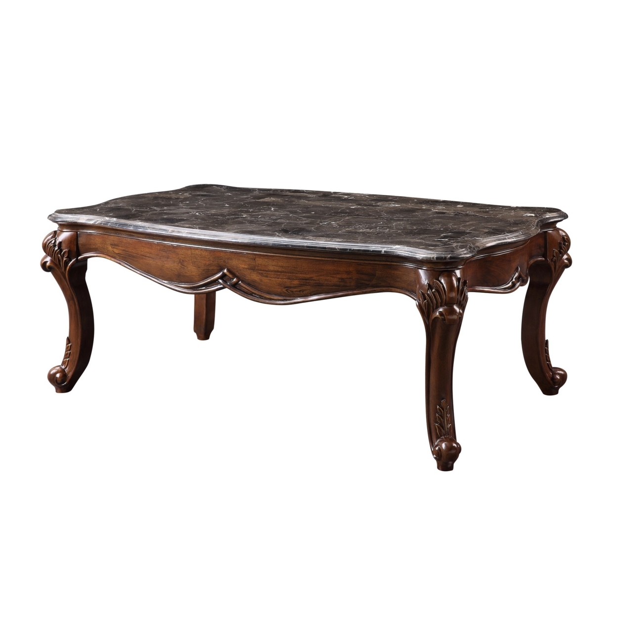 Coffee Table With Scalloped Marble Top And Anne Legs, Gray And Brown- Saltoro Sherpi