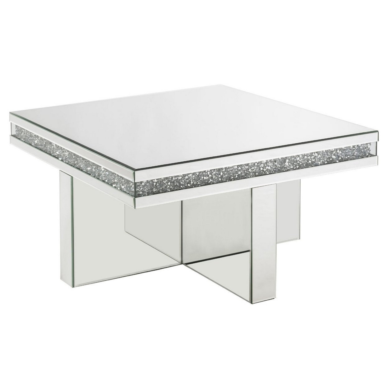 Coffee Table With Encrusted Faux Acrylic Inlay And Cross Base, Silver- Saltoro Sherpi