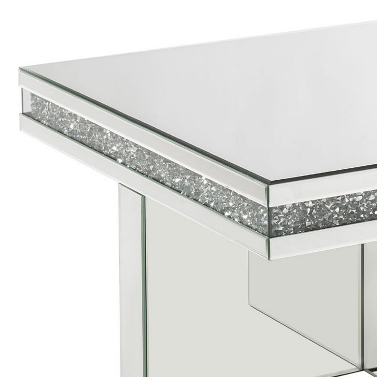 Coffee Table With Encrusted Faux Acrylic Inlay And Cross Base, Silver- Saltoro Sherpi