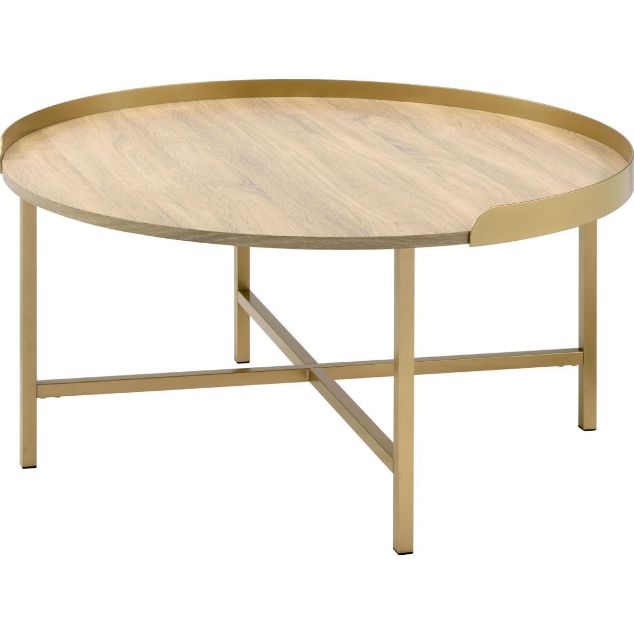 Kai 34 Inch Wood Coffee Table, Round Tray Top, Metal Accent, Brown, Brass- Saltoro Sherpi