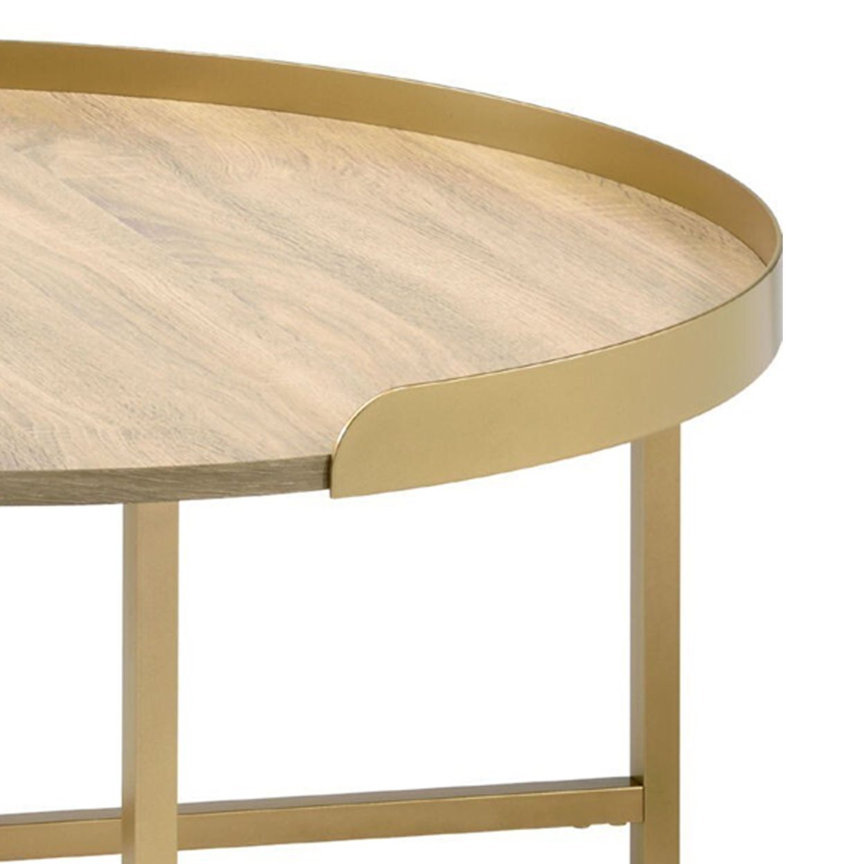 Kai 34 Inch Wood Coffee Table, Round Tray Top, Metal Accent, Brown, Brass- Saltoro Sherpi