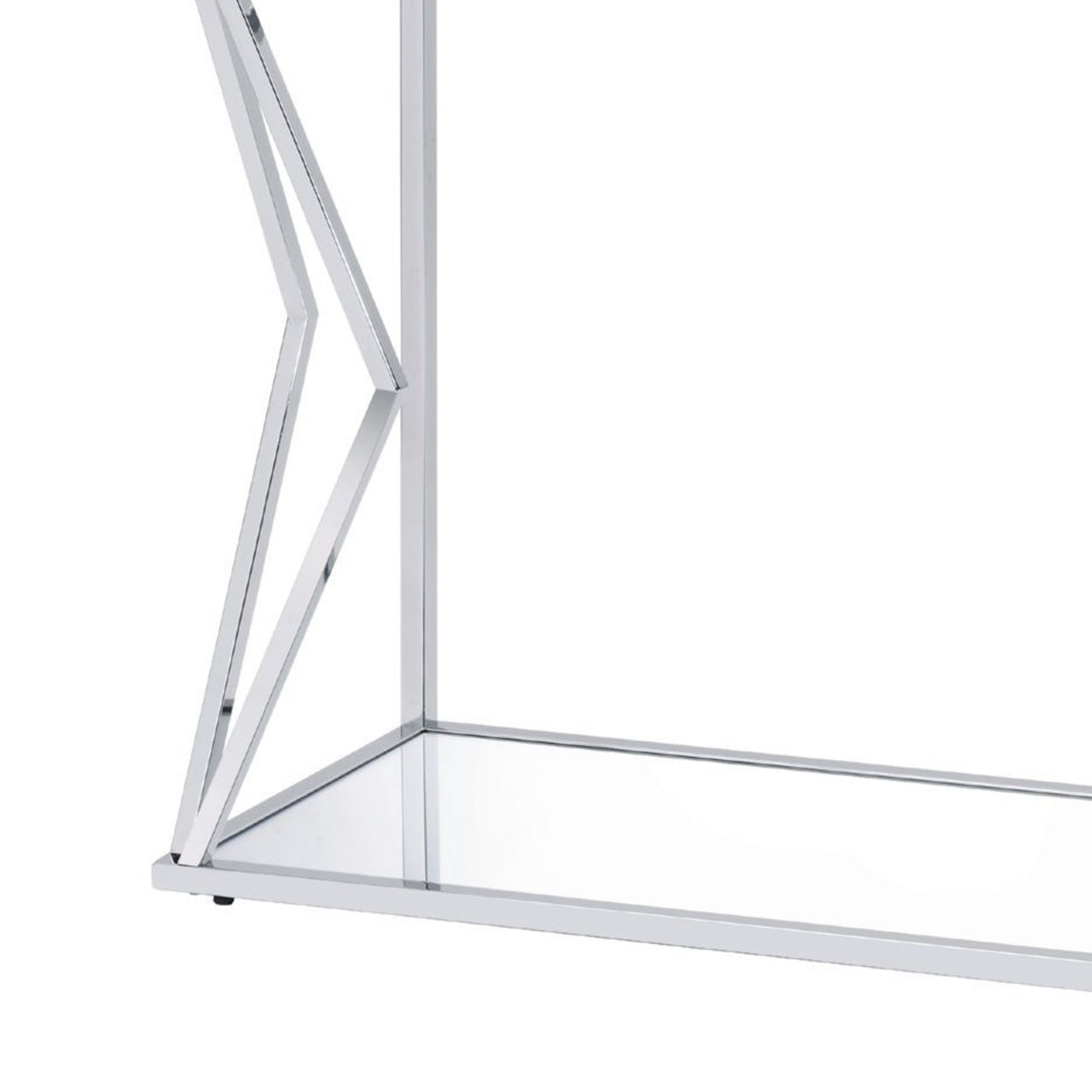 Sofa Table With Glass Top And Bottom Shelf And Geometric Accent, Silver- Saltoro Sherpi