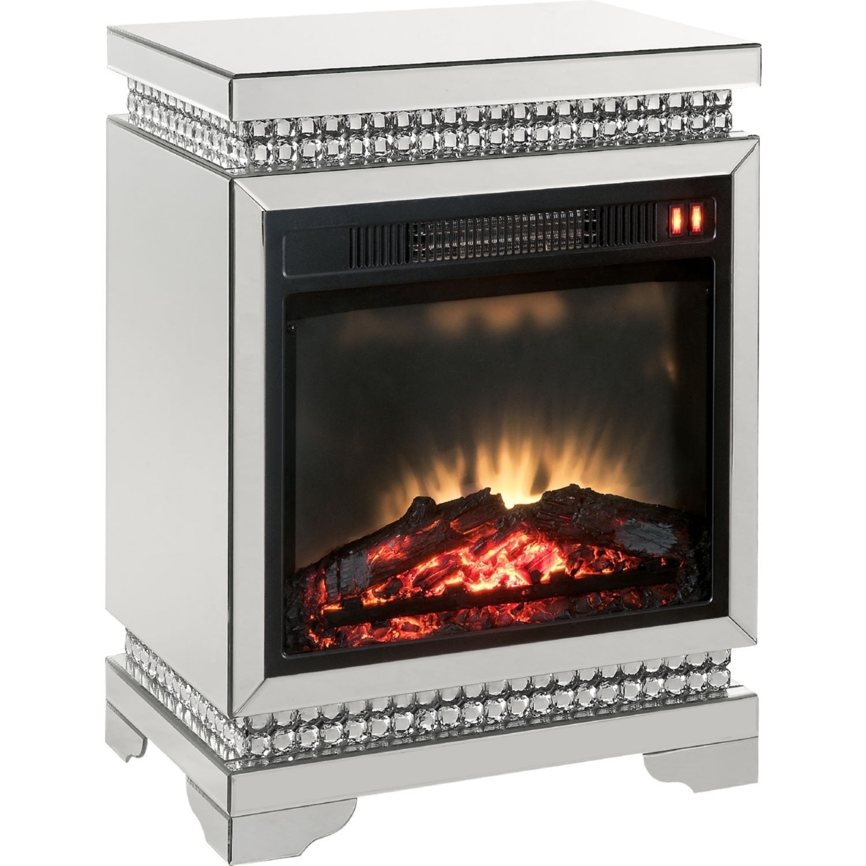 Su 30 Inch Electric Fireplace, Square, Mirror Panel Framing And Faux Diamonds, Silver