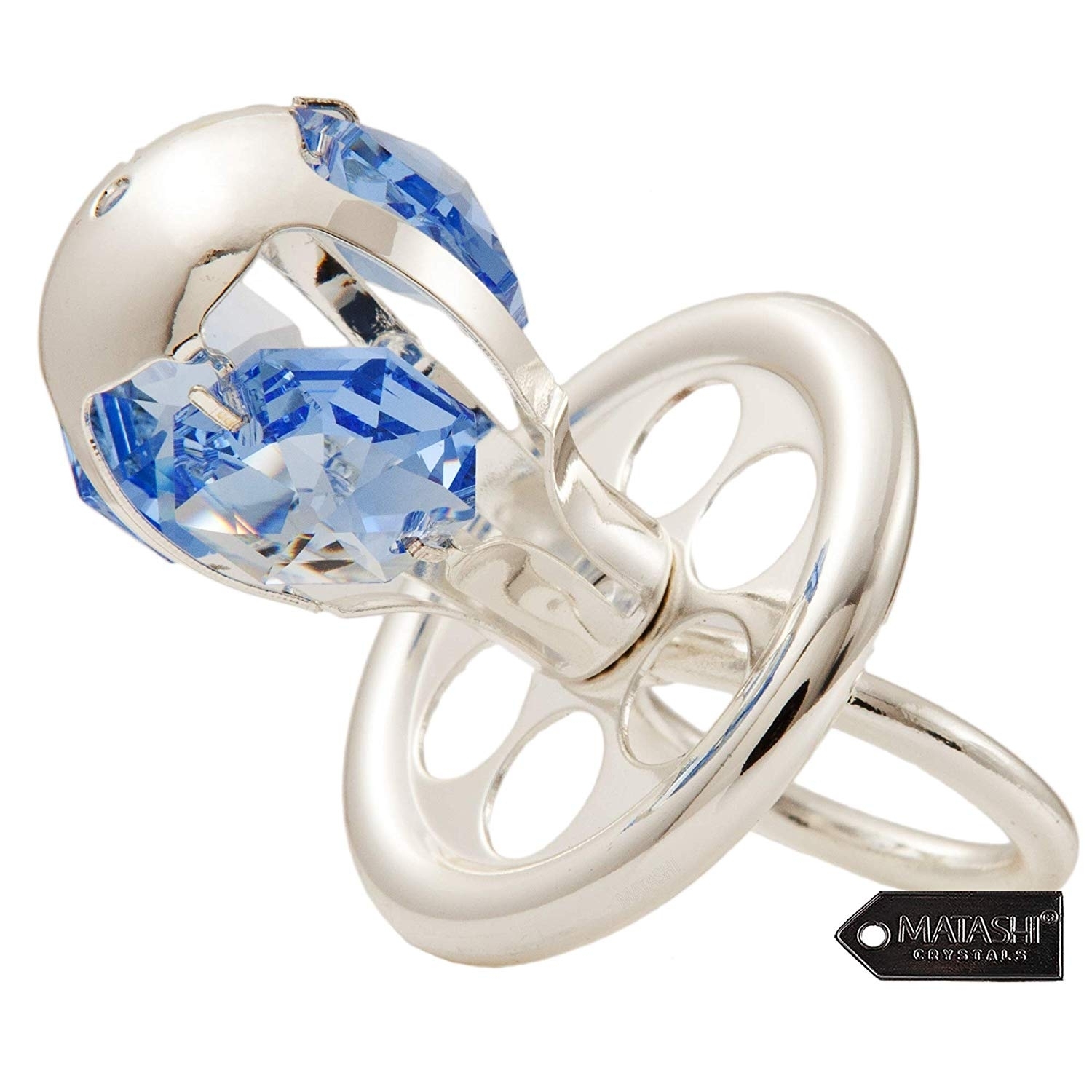 Silver Plated Pacifier With Blue Crystals Ornament With Velvet Pouch By Matashi