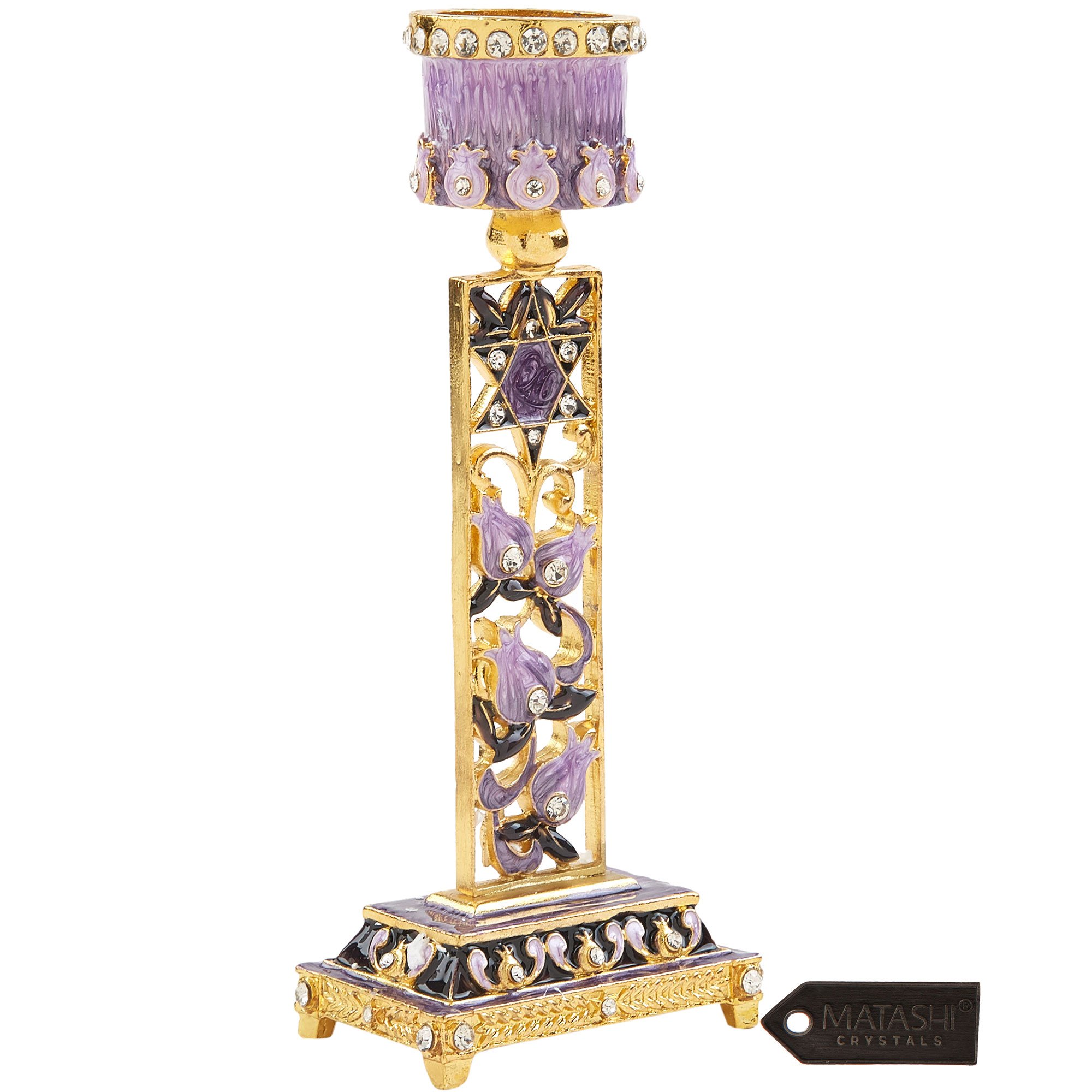 Shabbat Candlestick (2-Piece Set) Hand-Painted, Gold-Plated Pewter ,Personal Or Religious Enjoyment (Purple) By Matashi