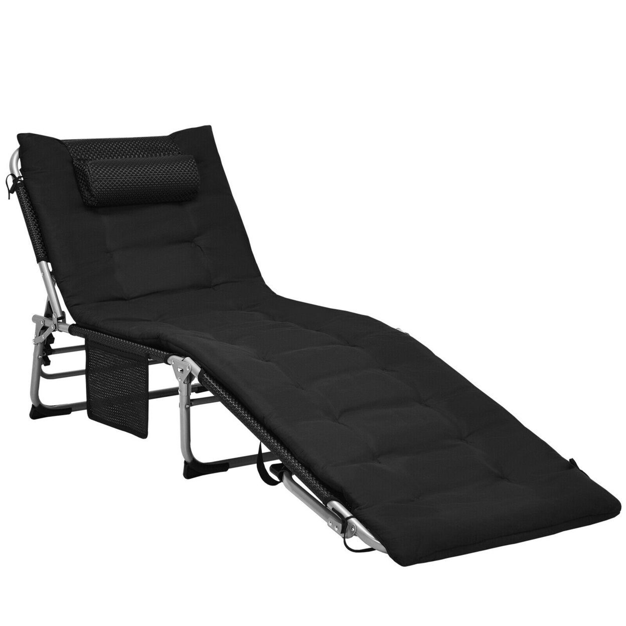 4-Fold Oversize Padded Folding Chaise Lounge Chair Reclining Chair - Black