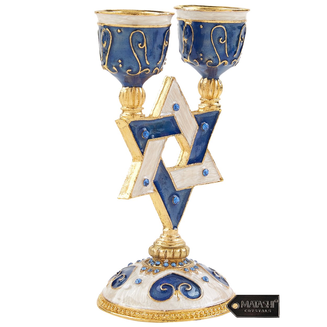 Matashi Oil Candle Holders Displays 2 Candles, Blue Intricate Details With Crystals Star Of David, Modern Home Decor Jewish Holiday Decor
