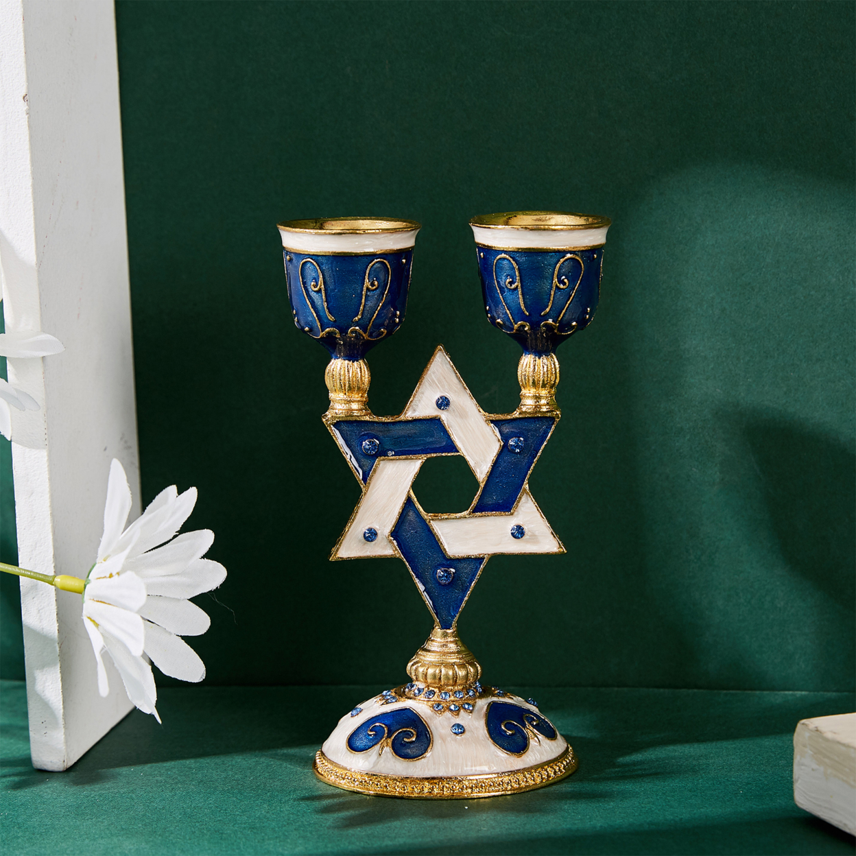 Matashi Oil Candle Holders Displays 2 Candles, Blue Intricate Details With Crystals Star Of David, Modern Home Decor Jewish Holiday Decor