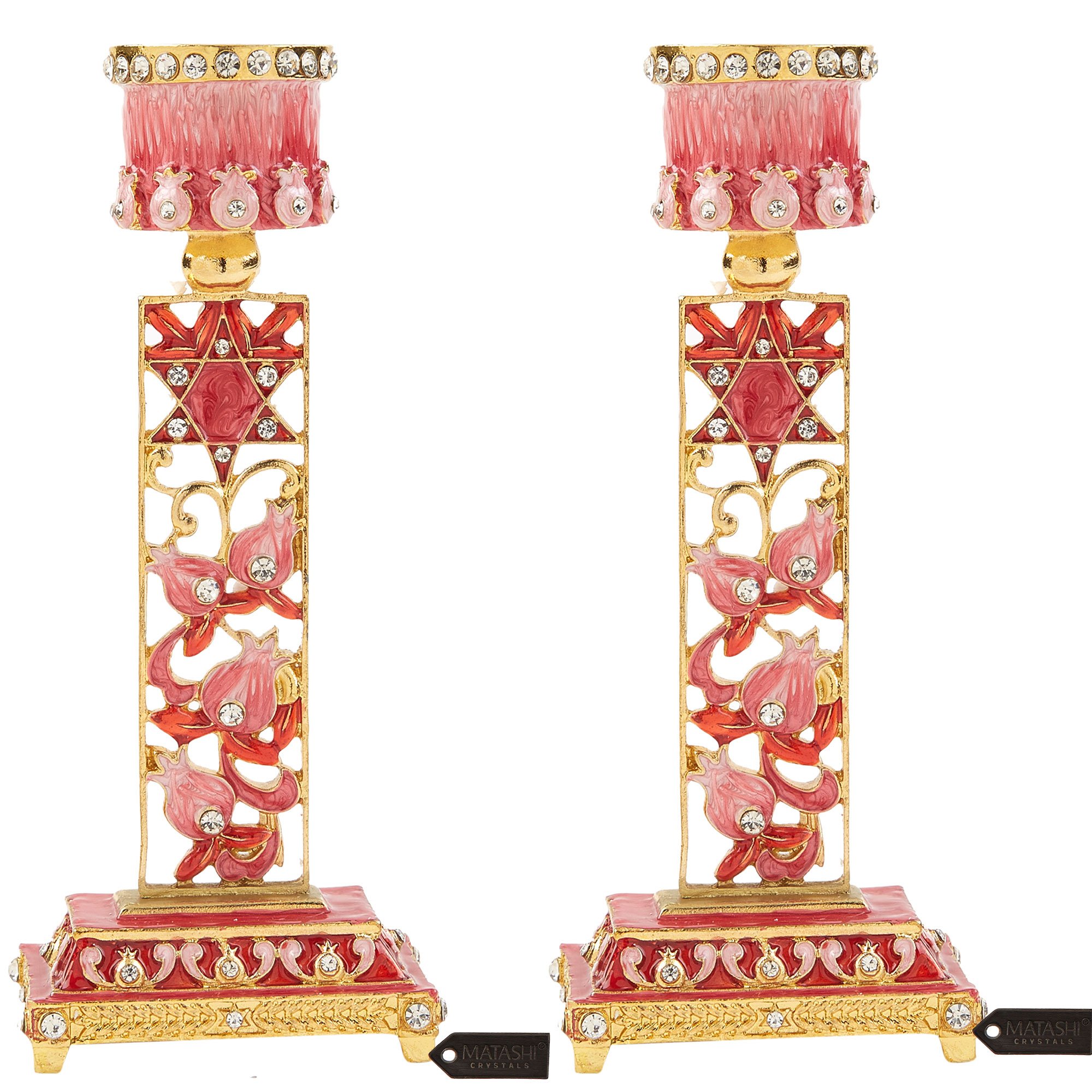 Shabbat Candlestick (2-Piece Set) Hand-Painted, Gold-Plated Pewter Personal Or Religious Enjoyment (Red) By Matashi