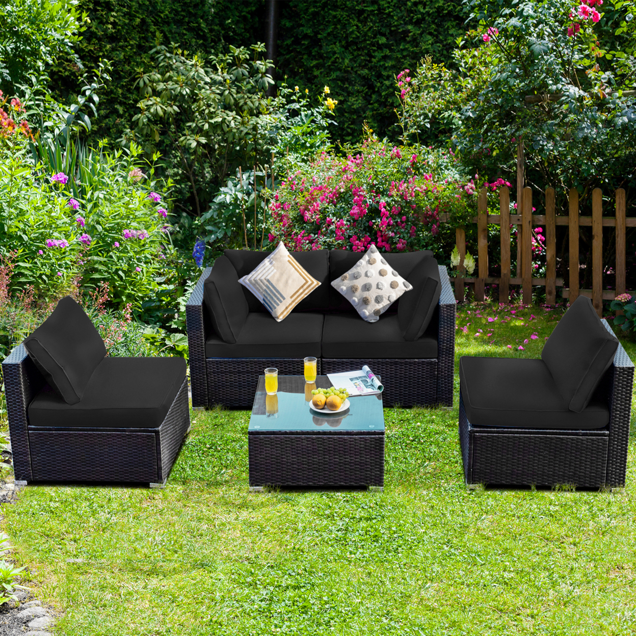 5PCS Rattan Patio Conversation Set Sofa Furniture Set W/ Black Cushions