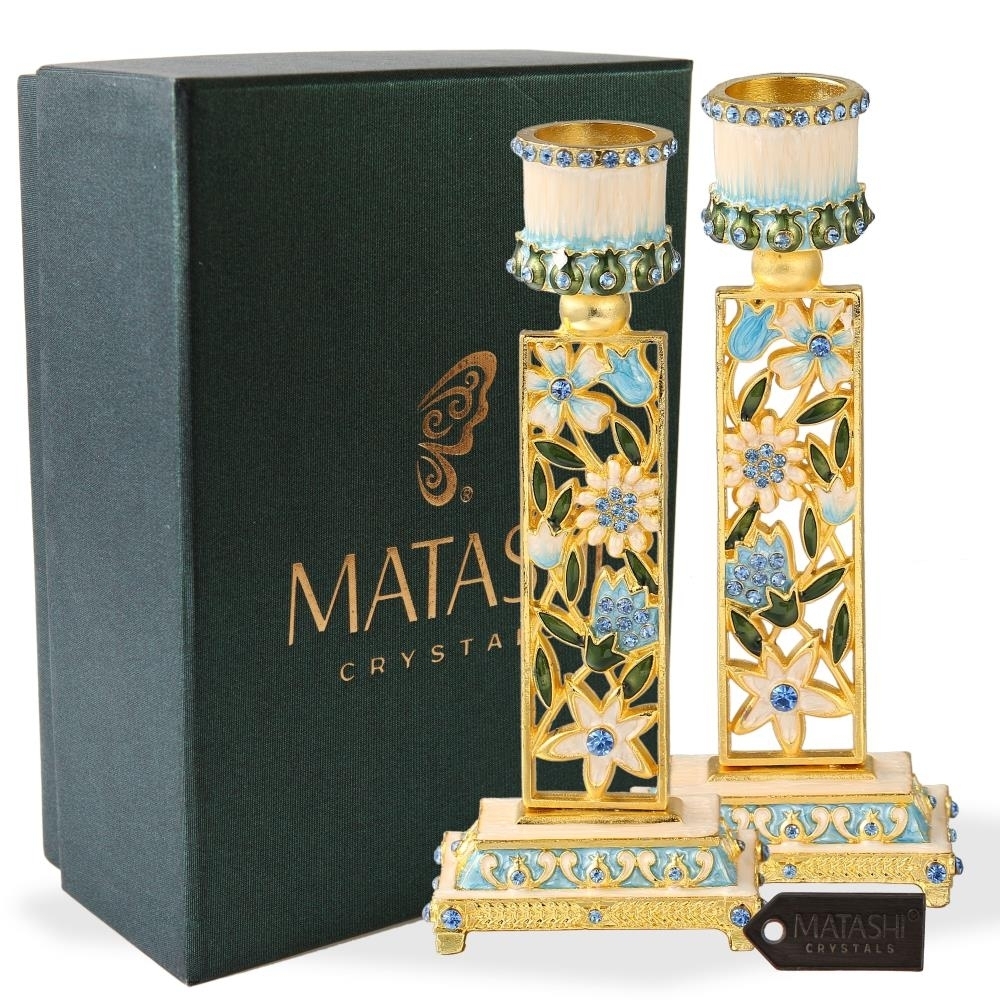 Shabbat Candlestick Holder (2-Piece Set) Hand-Painted, Gold-Plated Pewter Adorned W/ Blue Flowers Jewish Holiday Decor By Matashi
