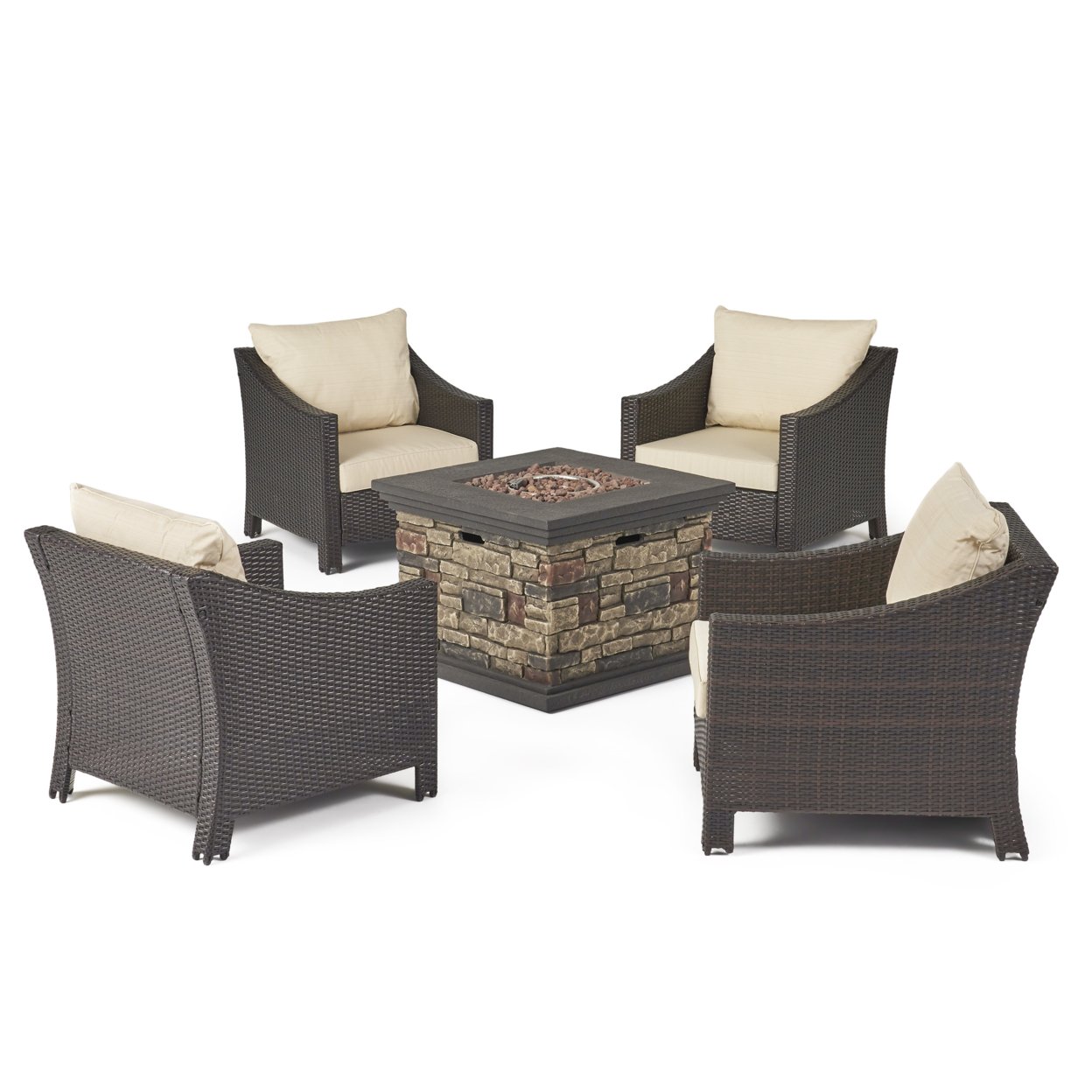 Andrew Outdoor 5 Piece Gray Wicker Chat Set With Stone Finished Fire Pit - Beige