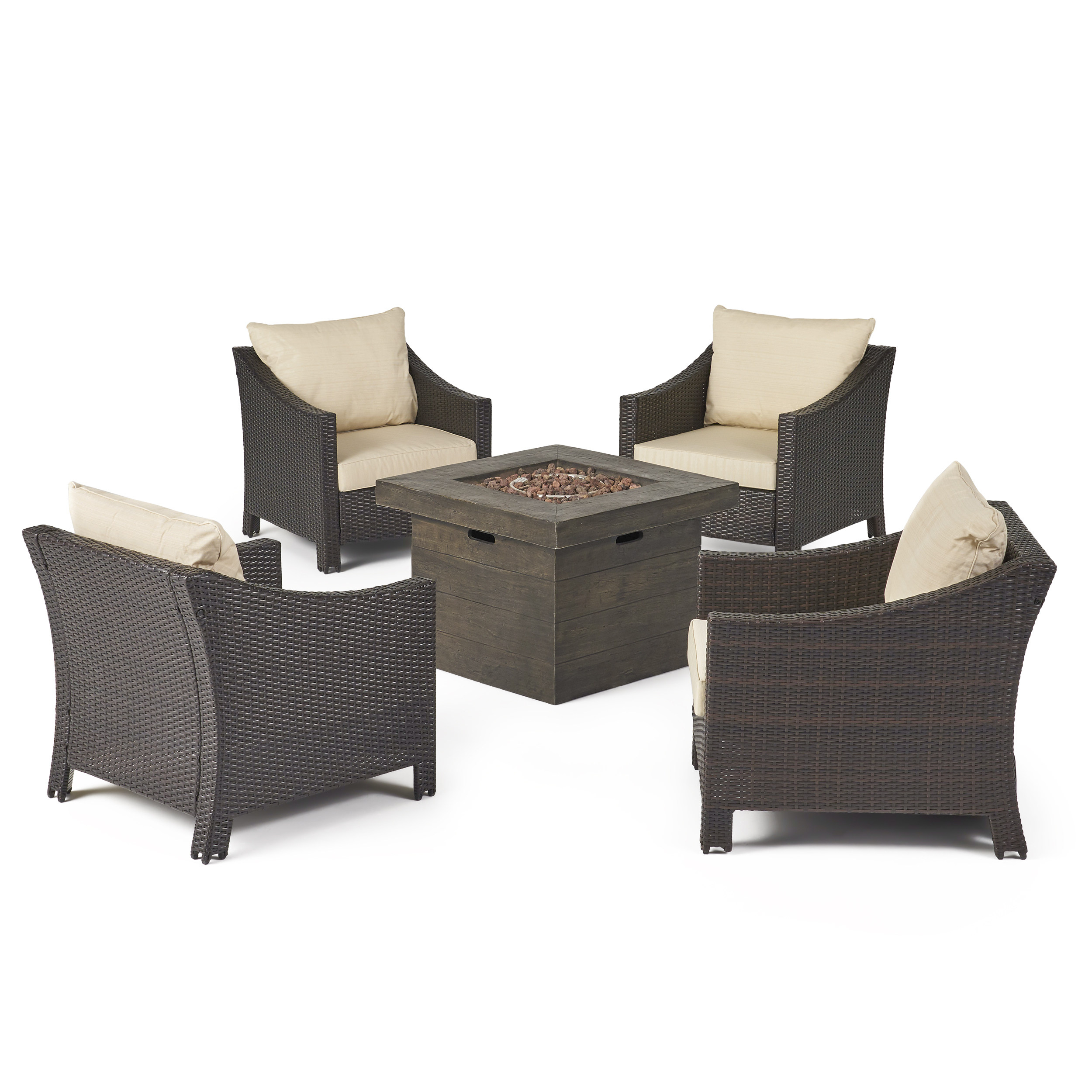 Andrew Outdoor 5 Piece Wicker Water Resistant Cushion Chat Set With Fire Pit - Beige