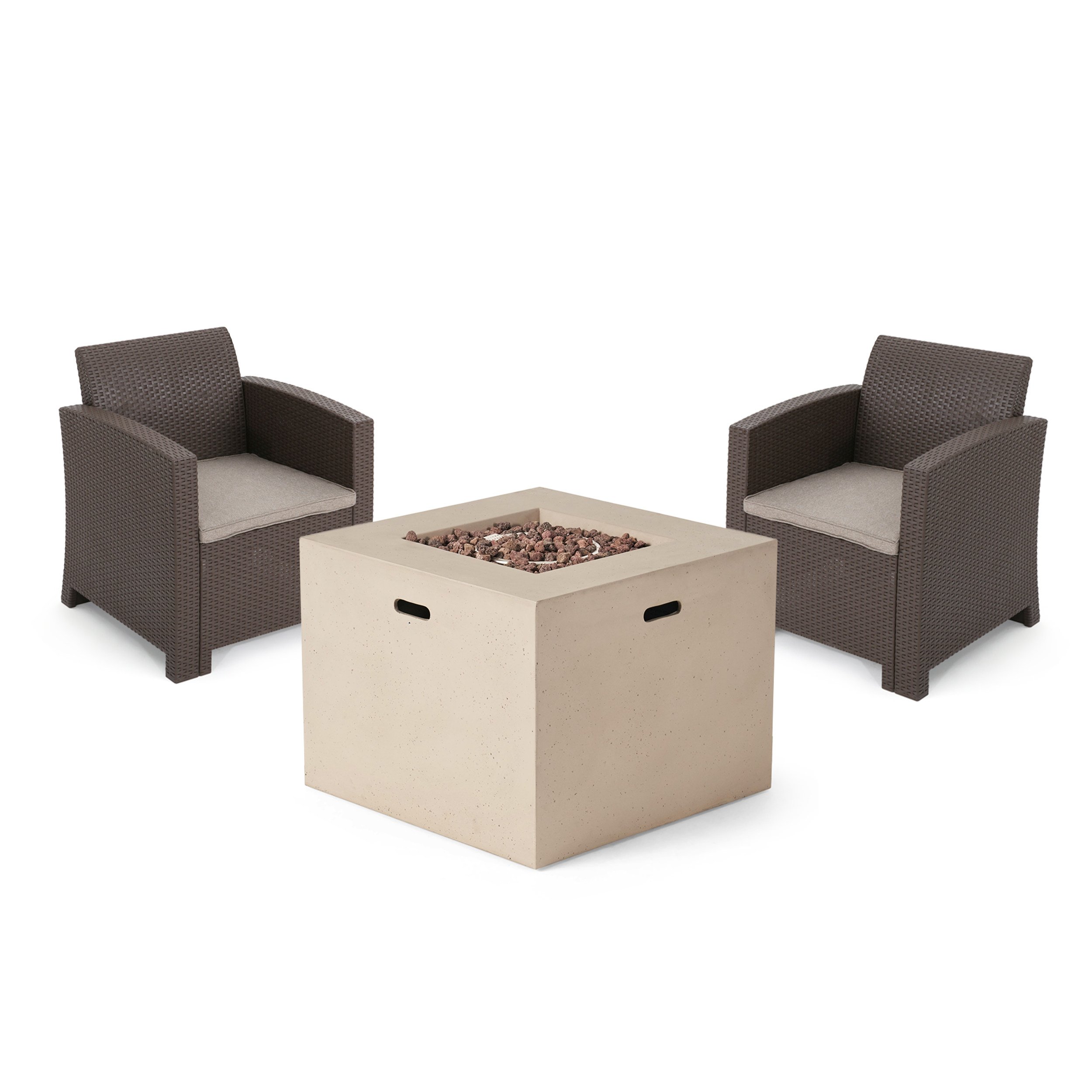 Agatha Outdoor Wicker Club Chair Chat Set With Propane Fire Pit - Brown + Mixed Biege