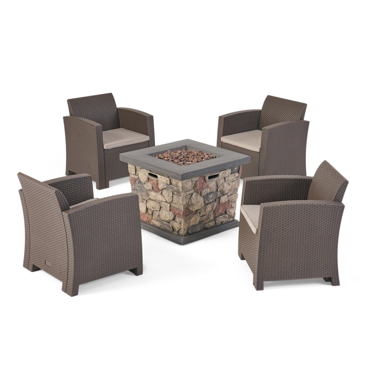 Maggie Outdoor Chat Set With Fire Pit - Brown + Mixed Biege