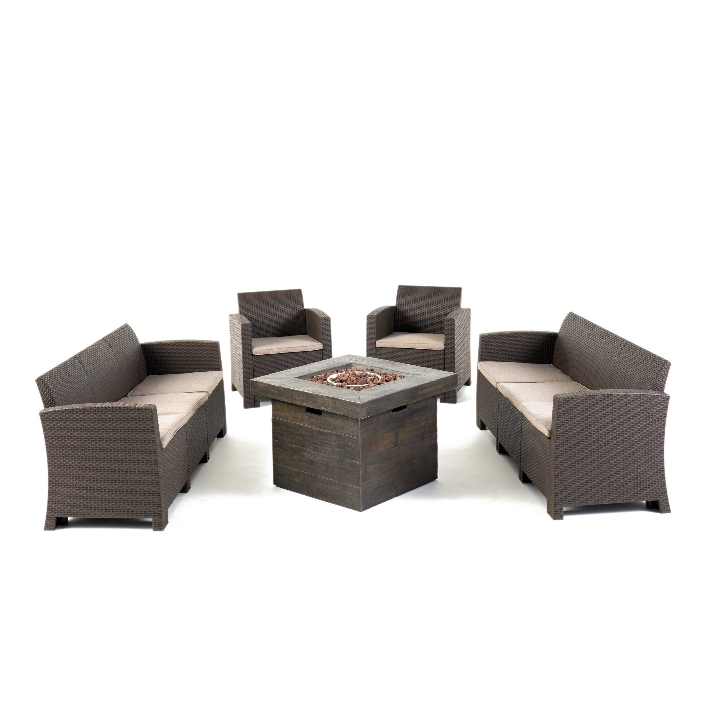 Irwin Outdoor Wicker Chat Set With Fire Pit - Brown + Mixed Biege + Brown