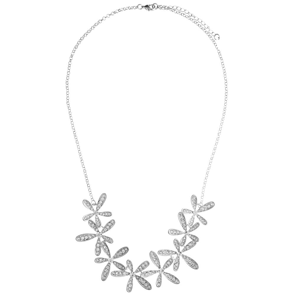 Matashi Rhodium Plated Necklace W Flowers Design & 12 Extendable Chain W Crystals Women's Jewelry Gift For Christmas Valentine's Day