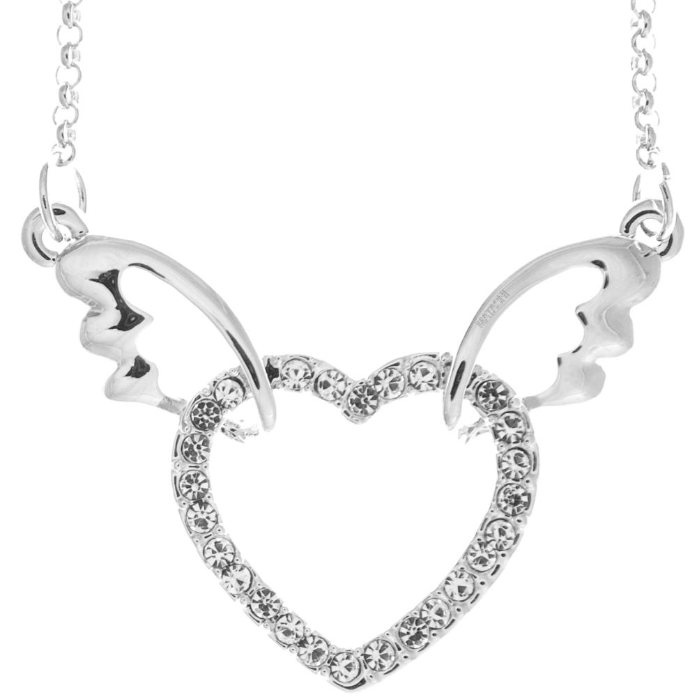 Matashi Rhodium Plated Necklace W Winged Heart Design W 16 Extendable Chain & Crystals Women's Jewelry Gift For Christmas Valentine's Day