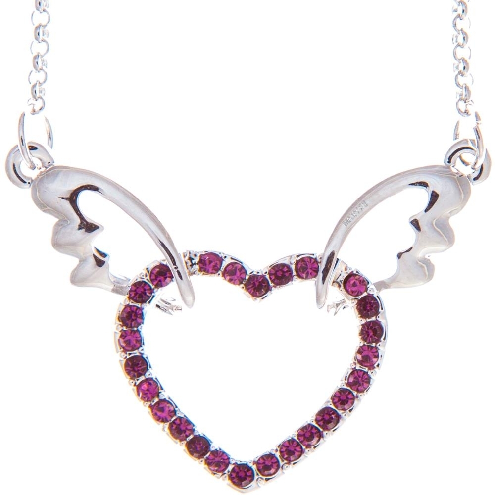 Matashi Rhodium Plated Necklace W Winged Heart Design W 16 Extendable Chain & Dark Purple Crystals Women's Jewelry Gift For Christmas