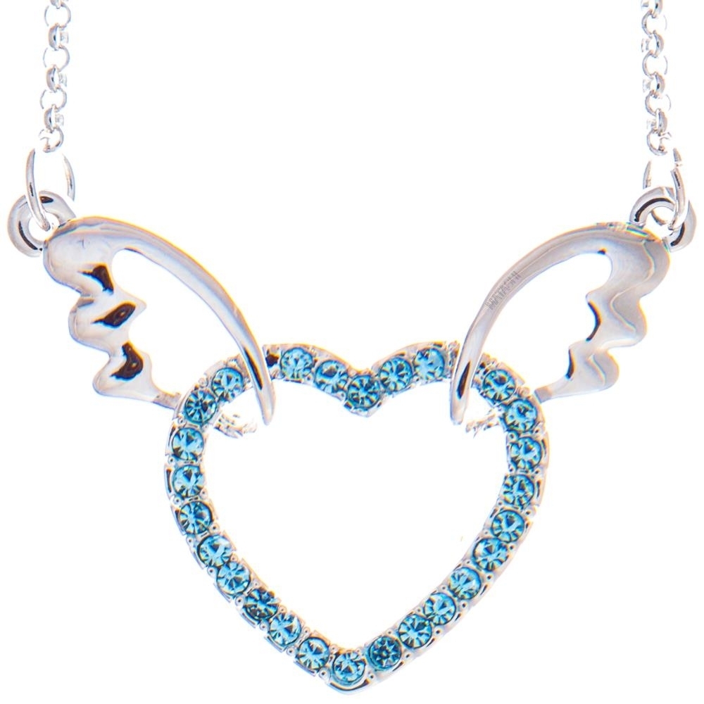 Matashi Rhodium Plated Necklace W Winged Heart Design W 16 Extendable Chain & Ocean Blue Crystals Women's Jewelry Gift For Christmas