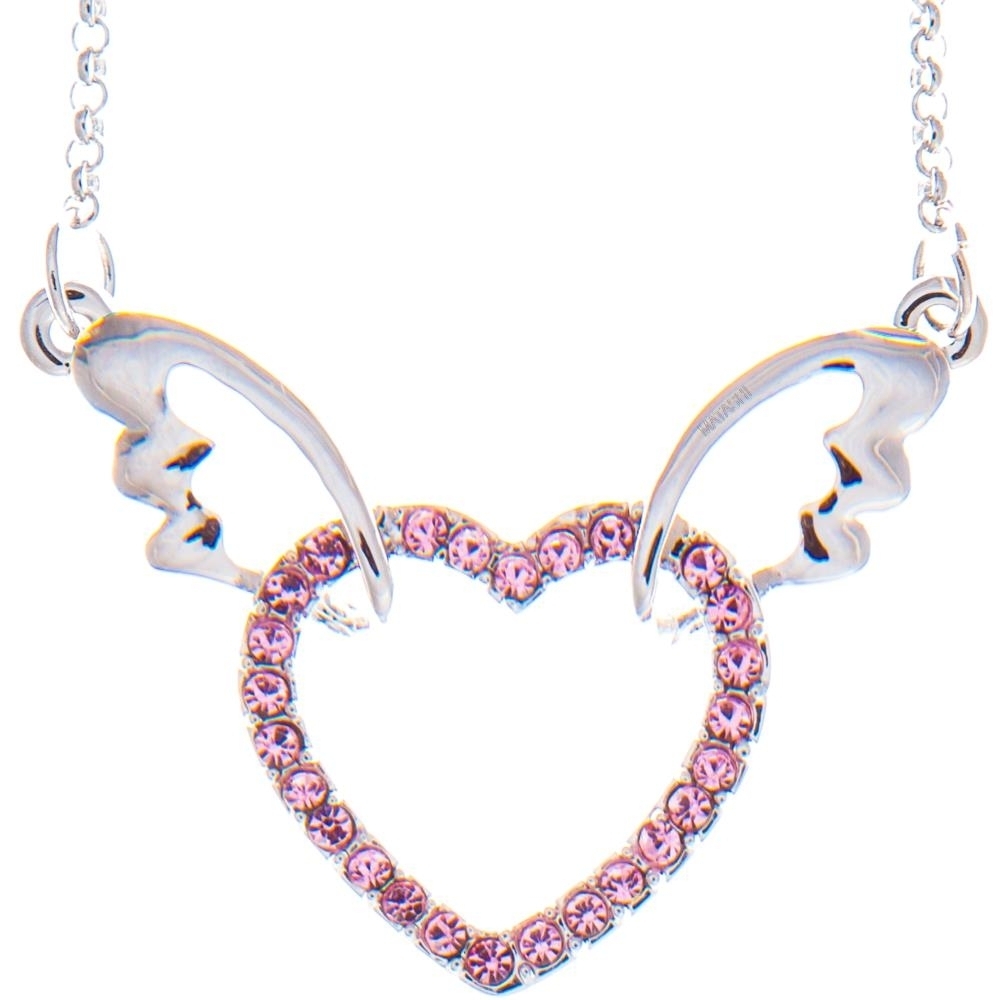 Matashi Rhodium Plated Necklace W Winged Heart Design W 16 Extendable Chain & Pink Crystals Women's Jewelry Gift For Christmas