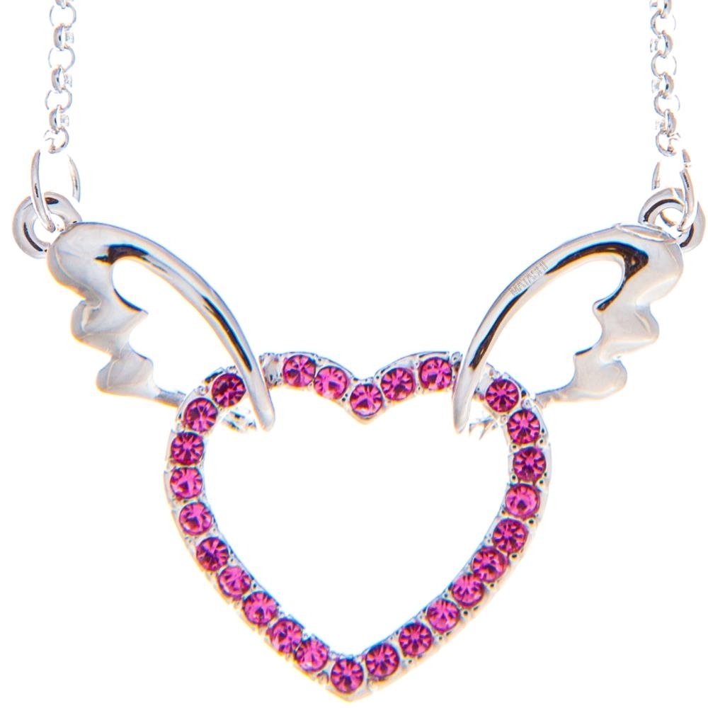 Matashi Rhodium Plated Necklace W Winged Heart Design W 16 Extendable Chain & Rose Crystals Women's Jewelry Gift For Christmas