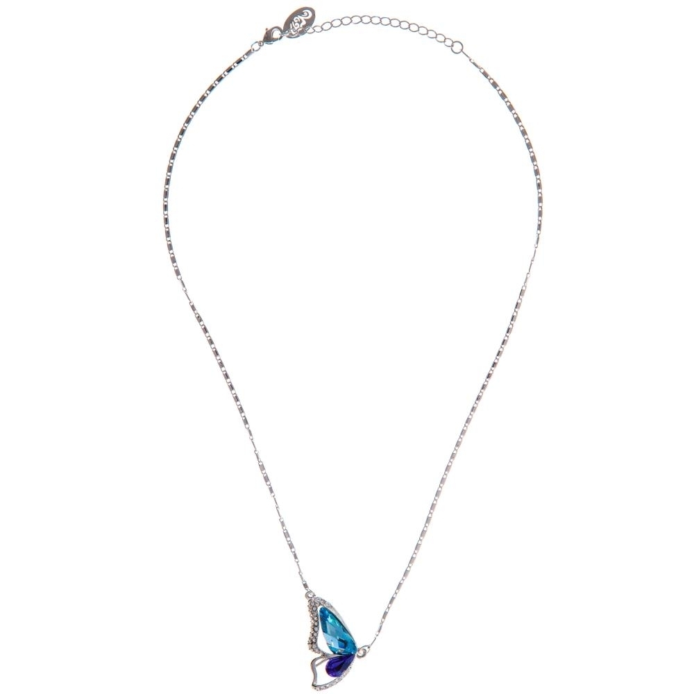 Matashi Rhodium Plated Necklace W Butterfly Wing Design & 16 Extendable Chain W Purple & Blue Crystals Women's Jewelry Gift For Christmas