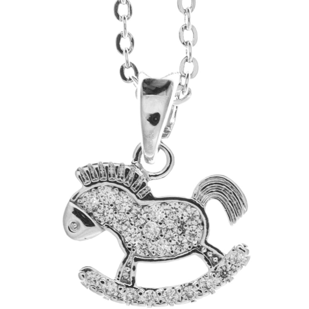 Matashi Rhodium Plated Necklace W Rocking Horse Design W 16 Extendable Chain & Clear Crystals Women's Jewelry Gift For Christmas