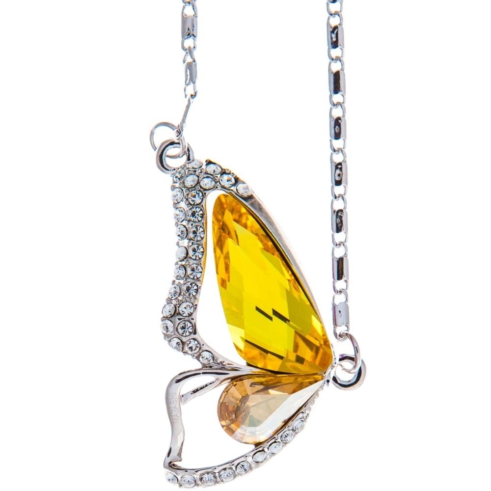 Matashi Rhodium Plated Necklace W Butterfly Wing Design W 16 Extendable Chain & Yellow Crystals Women's Jewelry Gift For Christmas