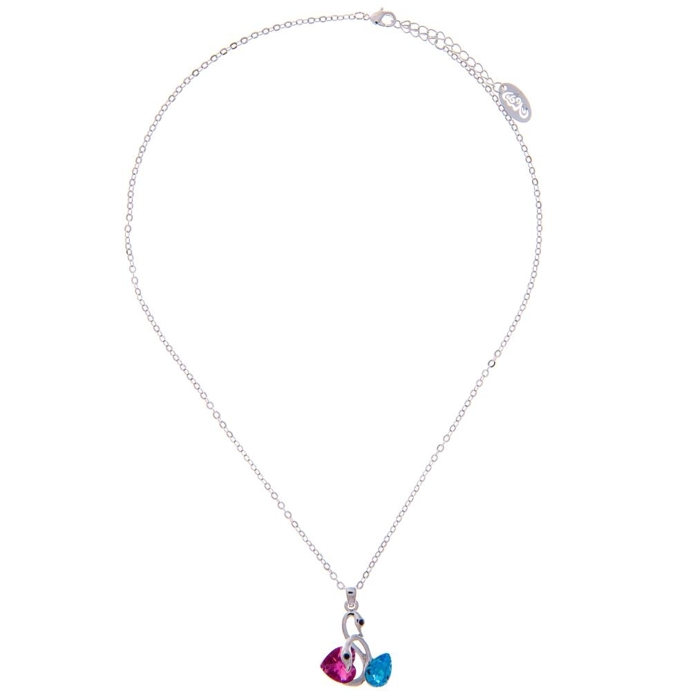 Matashi Rhodium Plated Necklace W Loving Swans Design & 16 Extendable Chain & Rose W Ocean Blue Crystals Women's Jewelry Gift For Christmas