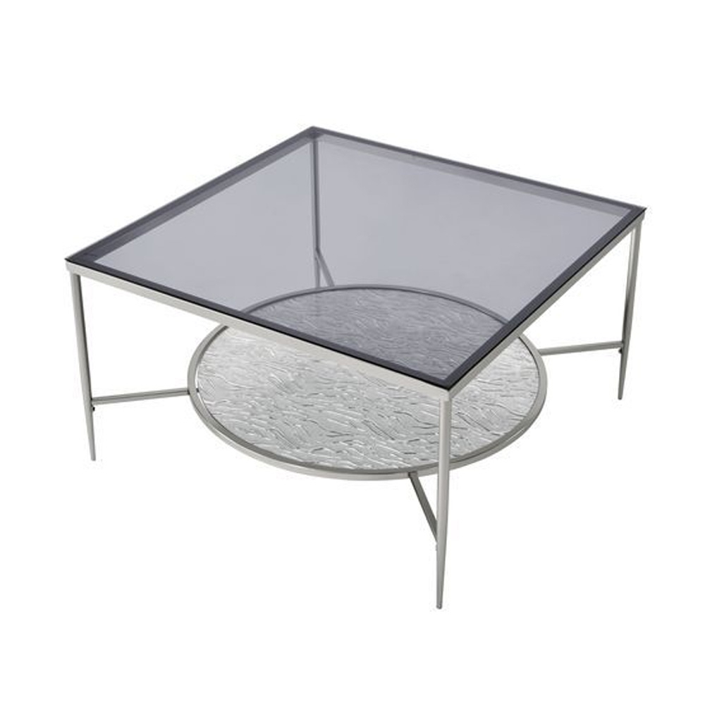 Coffee Table With Textured Round Shelf, Silver- Saltoro Sherpi
