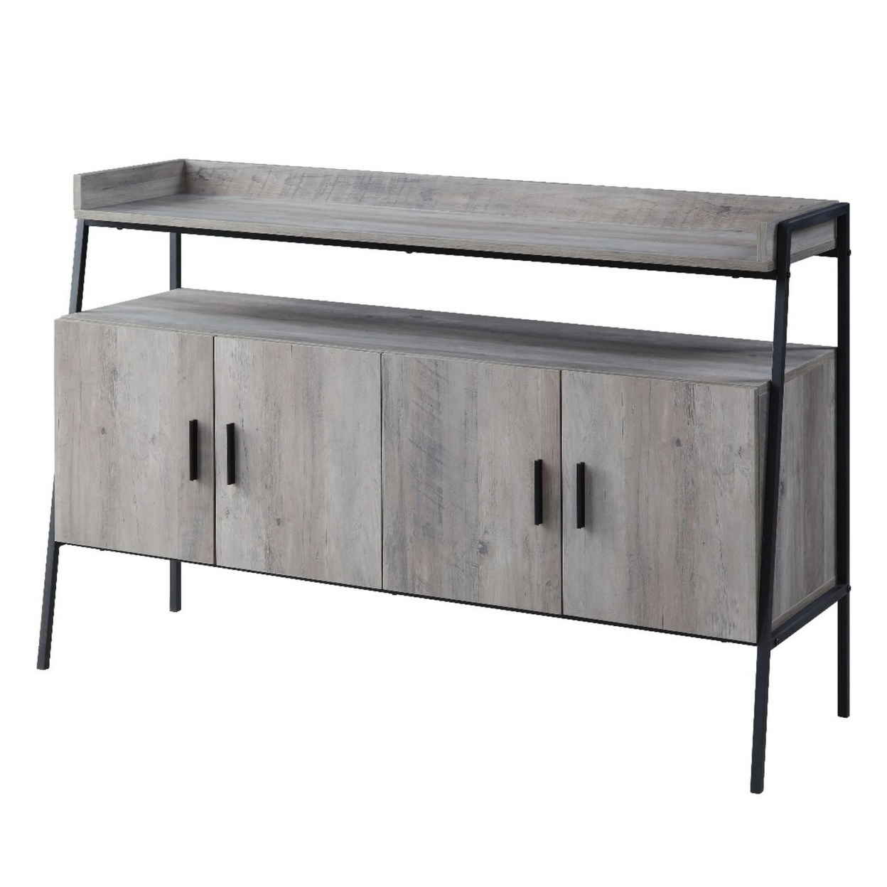 TV Stand With 2 Double Door Cabinet And Tubular Frame, Oak Gray- Saltoro Sherpi