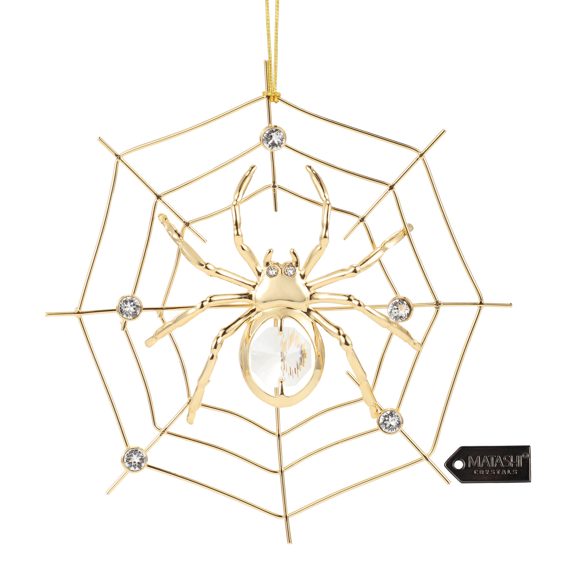 Matashi 24K Gold Plated Crystal Studded Lucky Spider Hanging Ornaments For Christmas Tree Spider Miracle Traditions, Home Decor