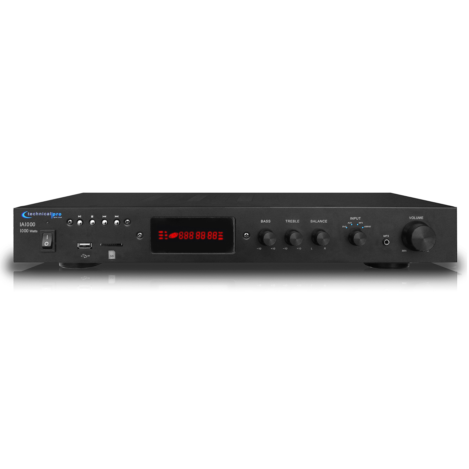 Technical Pro 1000 Watts Integrated Amplifier W/ USB, SD Card, RCA, AUX Inputs, Balance Control, Fluorescent Display, Bass & Treble Control