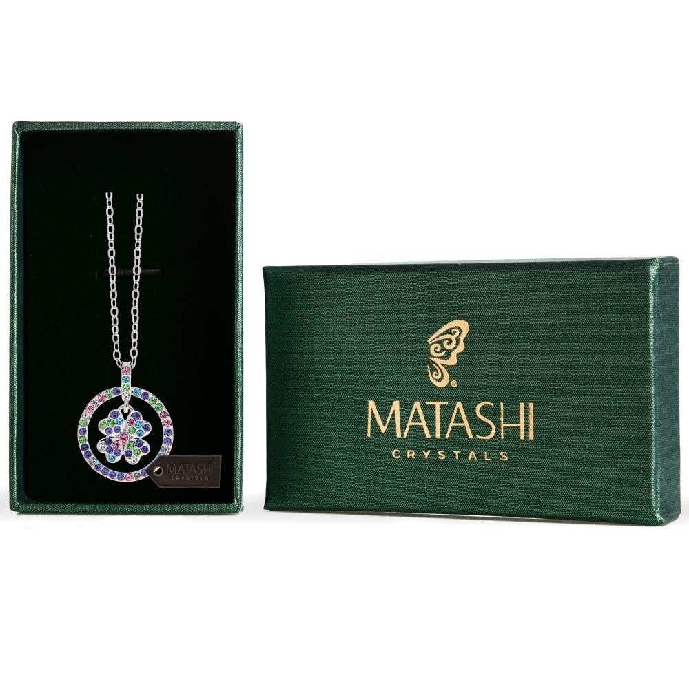 Matashi Rhodium Plated Necklace W Round 'Lucky Four Leaf Clover' Design Pendant & 16 Extendable Chain & Crystals Gift For Christmas