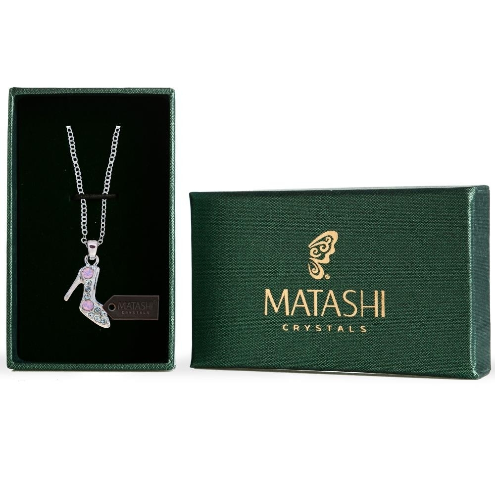 Matashi Rhodium Plated Necklace W Stiletto Shoe Design, 16 Extendable Chain W Pink Rose & Clear Crystals Women's Jewelry Gift For Christmas