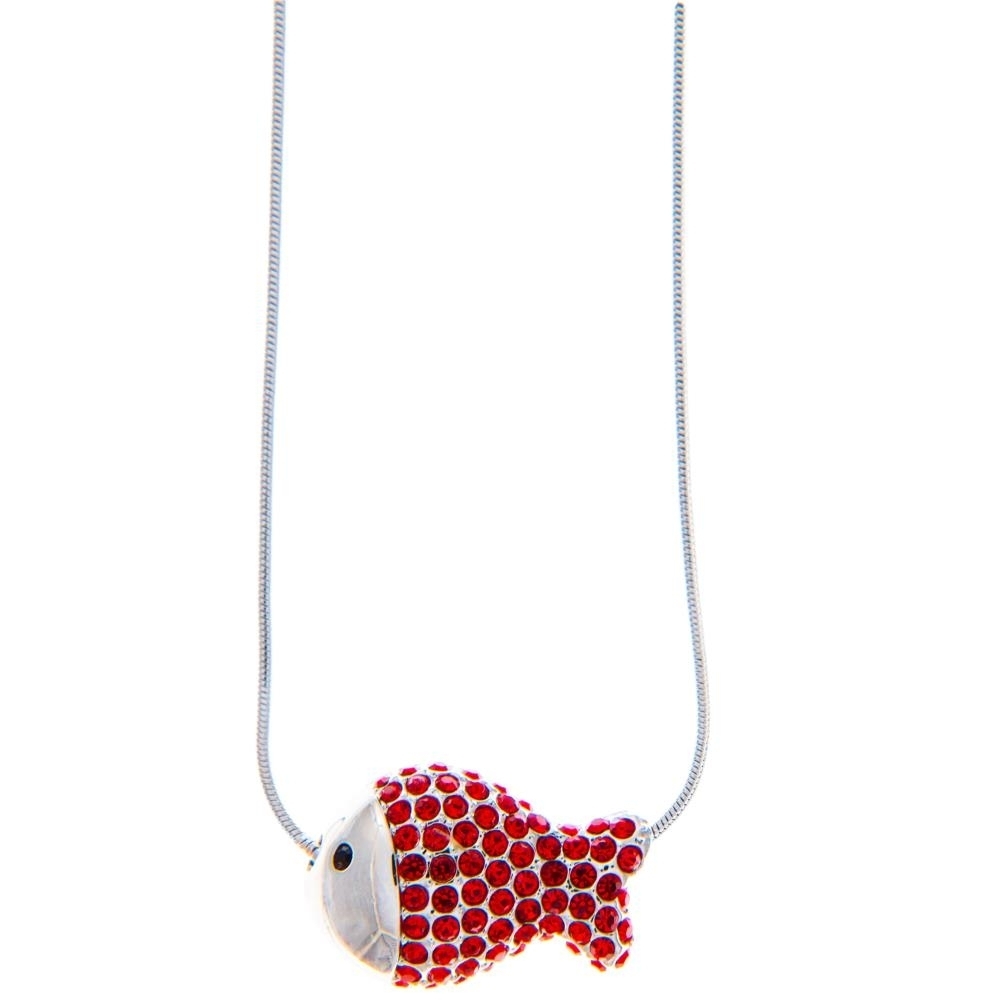 Matashi Rhodium Plated Necklace W Fish Design & 16 Extendable Chain W Red Crystals Women's Jewelry Gift For Christmas