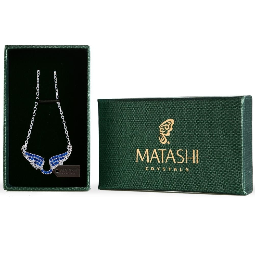 Matashi Rhodium Plated Necklace W Outspread Angel Wings Design & 16 Extendable Chain W Navy Blue Crystal Women's Jewelry Gift For Christmas