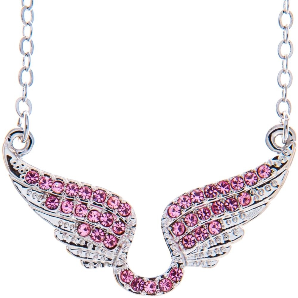 Matashi Rhodium Plated Necklace W Outspread Angel Wings Design & 16 Extendable Chain W Pink Crystals Women's Jewelry Gift For Christmas