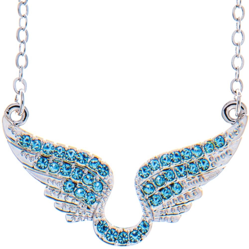 Matashi Rhodium Plated Necklace W Outspread Angel Wings Design & 16 Chain W Ocean Blue Crystals Women's Jewelry Gift For Christmas