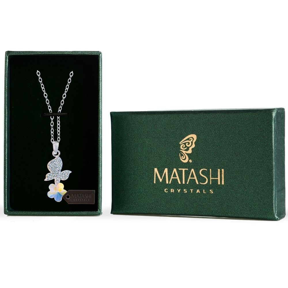 Matashi Rhodium Plated Necklace W Butterfly Alighting On Flower Design & 16 Extendable Chain W Crystals Women's Jewelry Gift For Christmas
